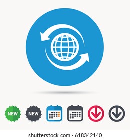Globe icon. World or internet symbol. Calendar, download arrow and new tag signs. Colored flat web icons. Vector