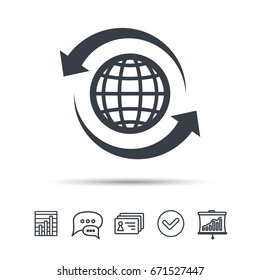Globe icon. World or internet symbol. Chat speech bubble, chart and presentation signs. Contacts and tick web icons. Vector