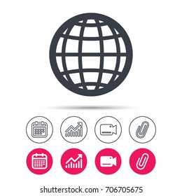Globe icon. World or internet symbol. Statistics chart, calendar and video camera signs. Attachment clip web icons. Vector