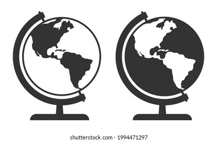 Icono de globo. Símbolo de mapa de esfera mundial. Señal de la Tierra desde el espacio. Geografía del atlas de América del Norte y del Sur. botón Internet de interfaz de aplicación Web. Imagen de la ilustración del vector.