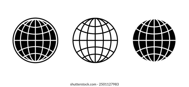 Globe icon. World symbol. Earth icon. Black isolated flat globe icons set on white background. Earth vector illustration. Go to web sign and symbol.