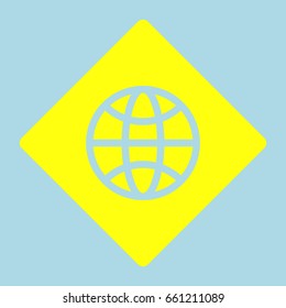 Globe Icon. World symbol. Vector. Yellow romb with hole as icon on lightblue background.