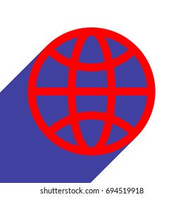 Globe Icon. World symbol. Vector. Red flat style icon with dark blue long shadow on white background.