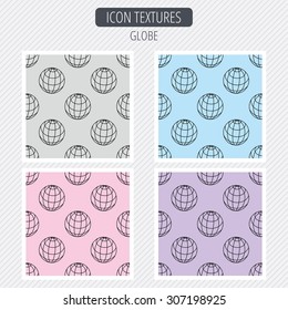 Globe icon. World travel sign. Internet network symbol. Diagonal lines texture. Seamless patterns set. Vector