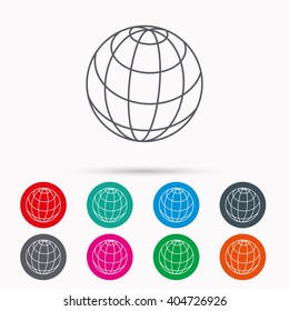 Globe icon. World travel sign. Internet network symbol. Linear icons in circles on white background.