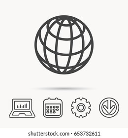 Globe icon. World travel sign. Internet network symbol. Notebook, Calendar and Cogwheel signs. Download arrow web icon. Vector
