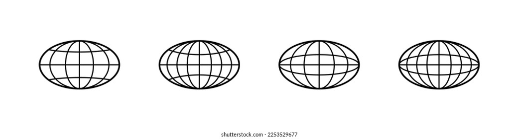 Globe icon. World vector set. Earth wide globe sign. Planet symbol flatten. Black isolated flat globe icons set on white background.
