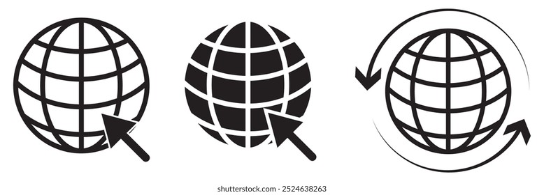 Globe icon. World vector set. Earth wide globe sign. Planet symbol flatten. Black isolated flat globe icons set on white background.