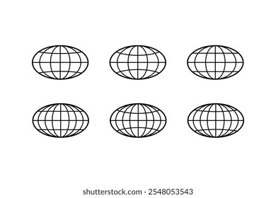 Globe icon. World vector set. Earth wide globe sign. Planet symbol flatten. Black isolated flat globe icons set on white background.
