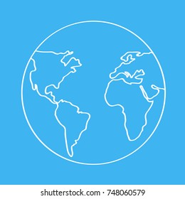 Globe icon. World icon, white line earth icon on blue background