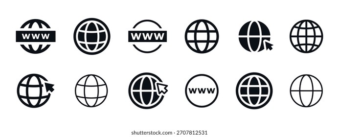 Globussymbol. Weltweiter Webvektor mit WWW-Label und Zeigerelement-Symbol. Internet-Domain-Navigationszeichen für Piktogramm des globalen Browserkonzepts.