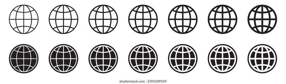 Globe icon, WWW world wide web set site symbol, Internet collection icon, website address globe, outline signs.