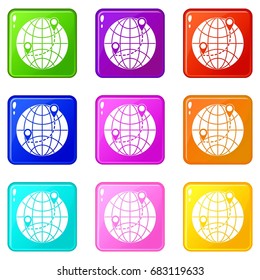 Globe icons of 9 color set isolated vector illustration
