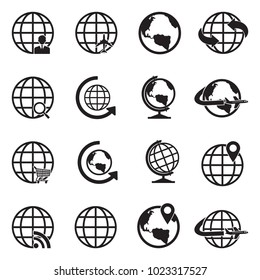 Globe Icons. Black Flat Design. Vector Illustration. 