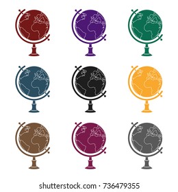 Globe icons in colors, isolated on white background. Rest and travel symbol, stock vector illustration.