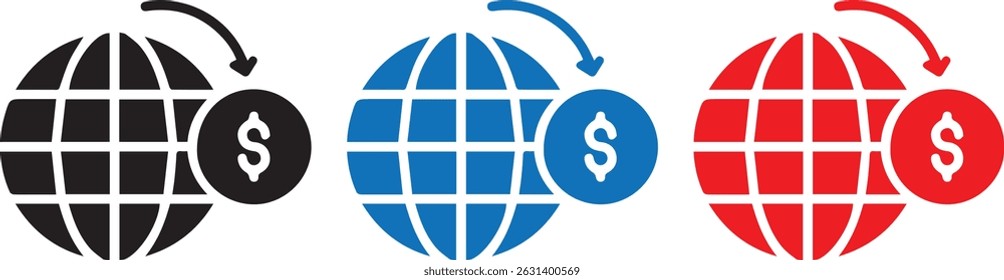 Globe icons, dollar signs, black red and blue colors, simple geometric design, financial world symbols, international currency concept, global economy illustration,	