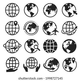 Globe icons. Internet web icon with globe, cursor, arrow. Global plane travel, world map. International communication black silhouette vector set. Magnifying glass on planet, cartography