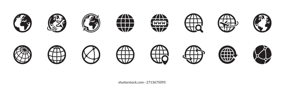 Ícones do globo Linha Série Editável Traço, Ícones e símbolos do globo e da terra, ilustração vetorial.