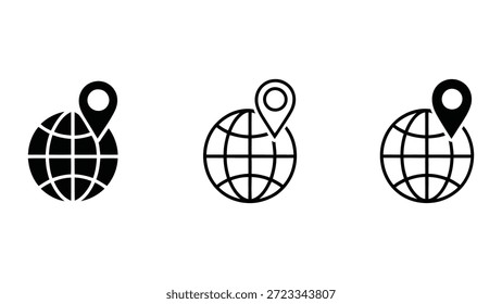 Iconos de globo con pines de ubicación en estilos sólidos, delineados y detallados, Ilustración vectorial para navegación, GPS, posicionamiento global y conceptos de viaje