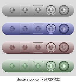 Globe icons on rounded horizontal menu bars in different colors and button styles