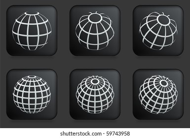 Globe Icons on Square Black Button Collection Original Illustration