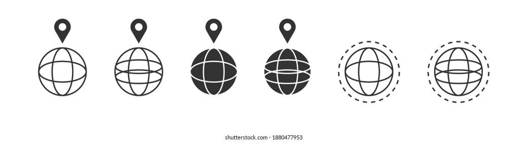 Globe icons. Globe with pointer. World international earth globe icon set. Linear style. Vector illustration