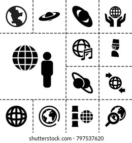 Globe icons. set of 13 editable filled globe icons such as planet, planet and satellite, international music, internet