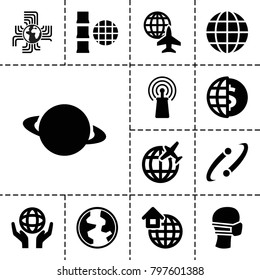 Globe icons. set of 13 editable filled globe icons such as medical mask, planet, signal, internet, global home, plane, planet and satellite