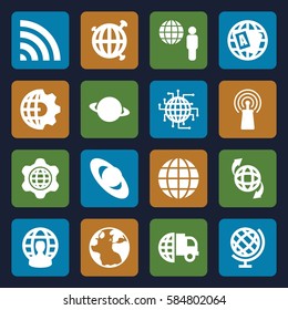 globe icons set. Set of 16 globe filled icons such as signal, wi-fi, planet, clobe gear, CPU planet