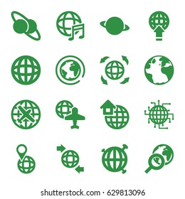 Globe icons set. set of 16 globe filled icons such as plane, international music, global home, planet and satellite, planet