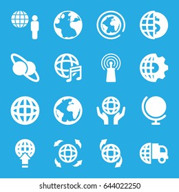 Globe icons set. set of 16 globe filled icons such as signal, international music, planet, planet and satellite, clobe gear