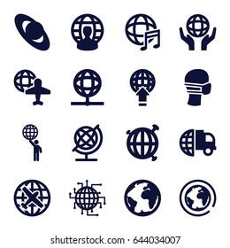 Globe icons set. set of 16 globe filled icons such as plane, medical mask, international music, planet, cpu planet
