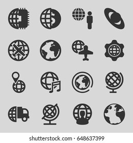 Globe icons set. set of 16 globe filled icons such as plane, international music, planet, cpu planet