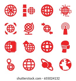 Globe icons set. set of 16 globe filled icons such as plane, medical mask, signal, global home, planet and satellite, cpu planet