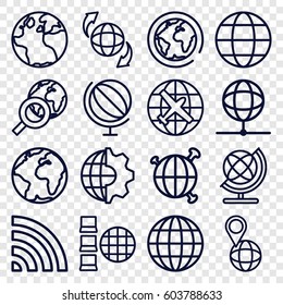 Globe icons set. set of 16 globe outline icons such as plane, wi-fi, clobe gear, planet