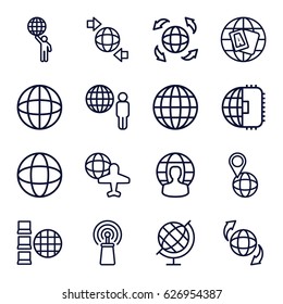 Globe icons set. set of 16 globe outline icons such as signal, CPU planet