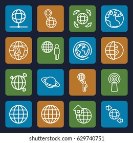 Globe icons set. set of 16 globe outline icons such as signal, global home