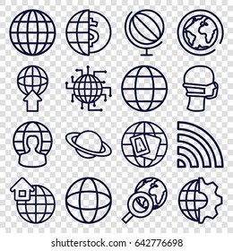 Globe icons set. set of 16 globe outline icons such as medical mask, wi-fi, global home, planet, clobe gear