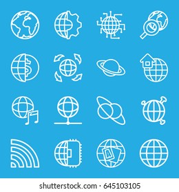 Globe icons set. set of 16 globe outline icons such as wi-fi, international music, global home, planet and satellite, planet, clobe gear