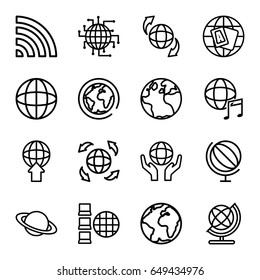 Globe icons set. set of 16 globe outline icons such as wi-fi, international music, planet, cpu planet