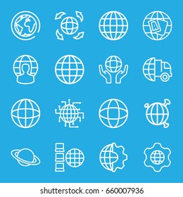Globe icons set. set of 16 globe outline icons such as international delivery, planet, clobe gear, cpu planet