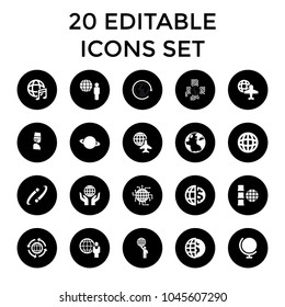 Globe icons. set of 20 editable filled globe icons such as planet, cpu planet, international music, internet, medical mask. best quality globe elements in trendy style.