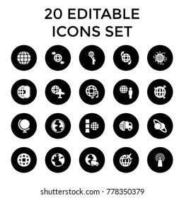 Globe icons. set of 20 editable filled globe icons such as international delivery, planet and satellite, cpu planet, signal. best quality globe elements in trendy style.