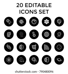 Globe icons. set of 20 editable outline globe icons such as planet, clobe gear, cpu planet, wi-fi, international music. best quality globe elements in trendy style.