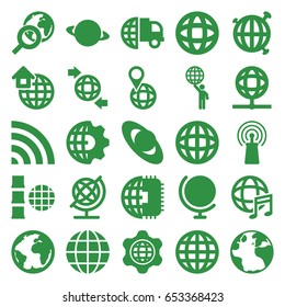 Globe icons set. set of 25 globe filled icons such as signal, wi-fi, international music, global home, planet, clobe gear, cpu planet, international delivery