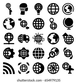 Globe icons set. set of 25 globe filled icons such as plane, medical mask, wi-fi, global home, planet, clobe gear, cpu planet