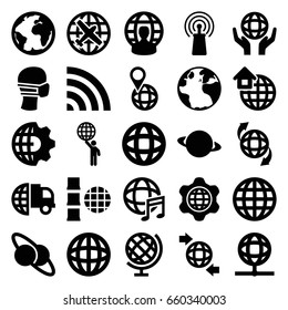 Globe icons set. set of 25 globe filled icons such as plane, medical mask, signal, wi-fi, international music, global home, planet, planet and satellite, clobe gear