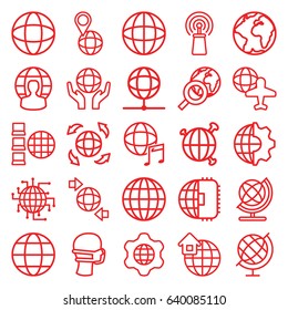 Globe icons set. set of 25 globe outline icons such as medical mask, signal, international music, global home, clobe gear, cpu planet, internet