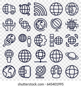 Globe icons set. set of 25 globe outline icons such as wi-fi, international delivery, planet, clobe gear, cpu planet
