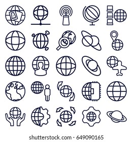 Globe icons set. set of 25 globe outline icons such as signal, planet, planet and satellite, clobe gear, cpu planet